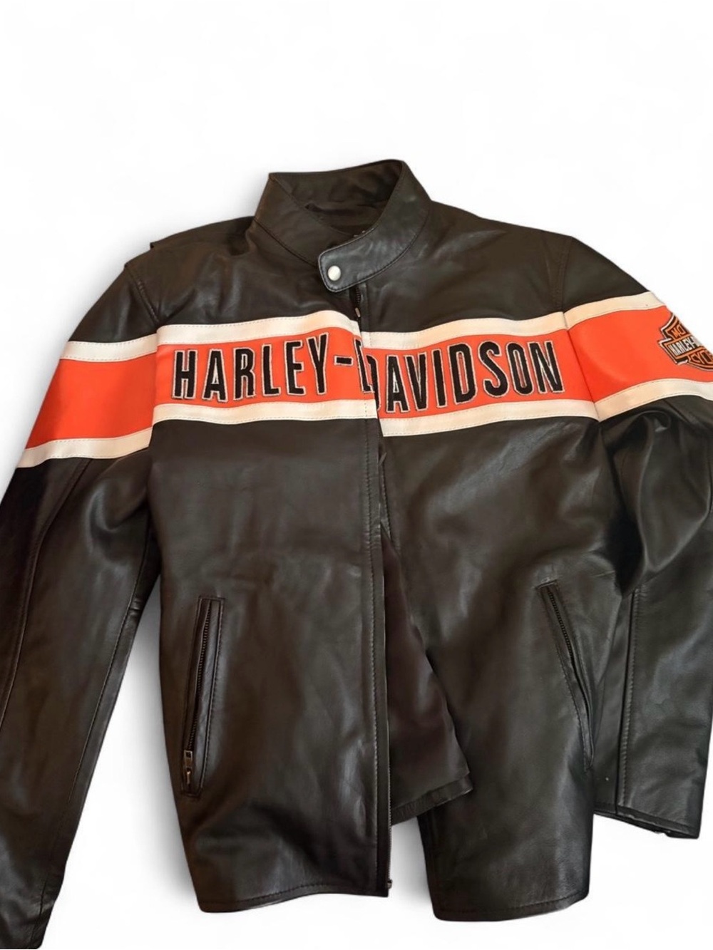Harley-Davidson Black Leather Jacket with Orange and Cream Chest Stripe